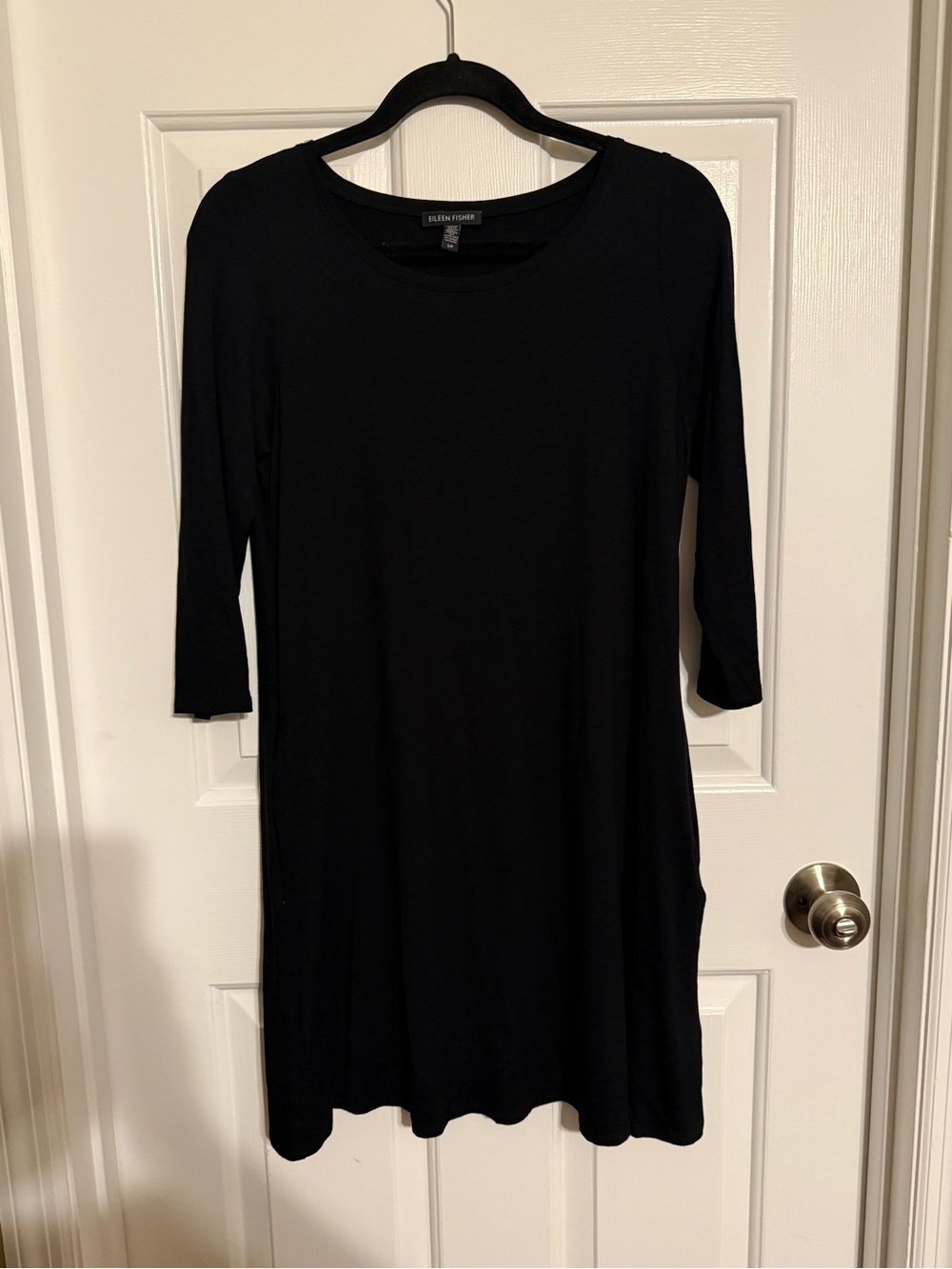 Eileen Fisher Womens Small Black Viscose Stretch T-Shirt Dress 3/4 Sleeve